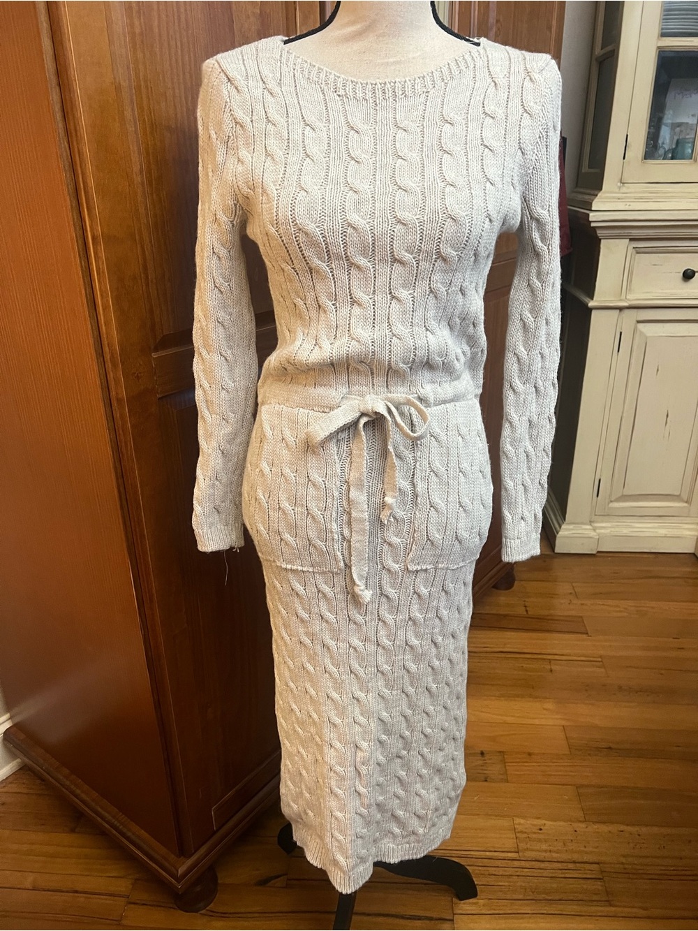 Amazon Cream Cable-Knit Long Sleeve Tie-Waist Midi Dress